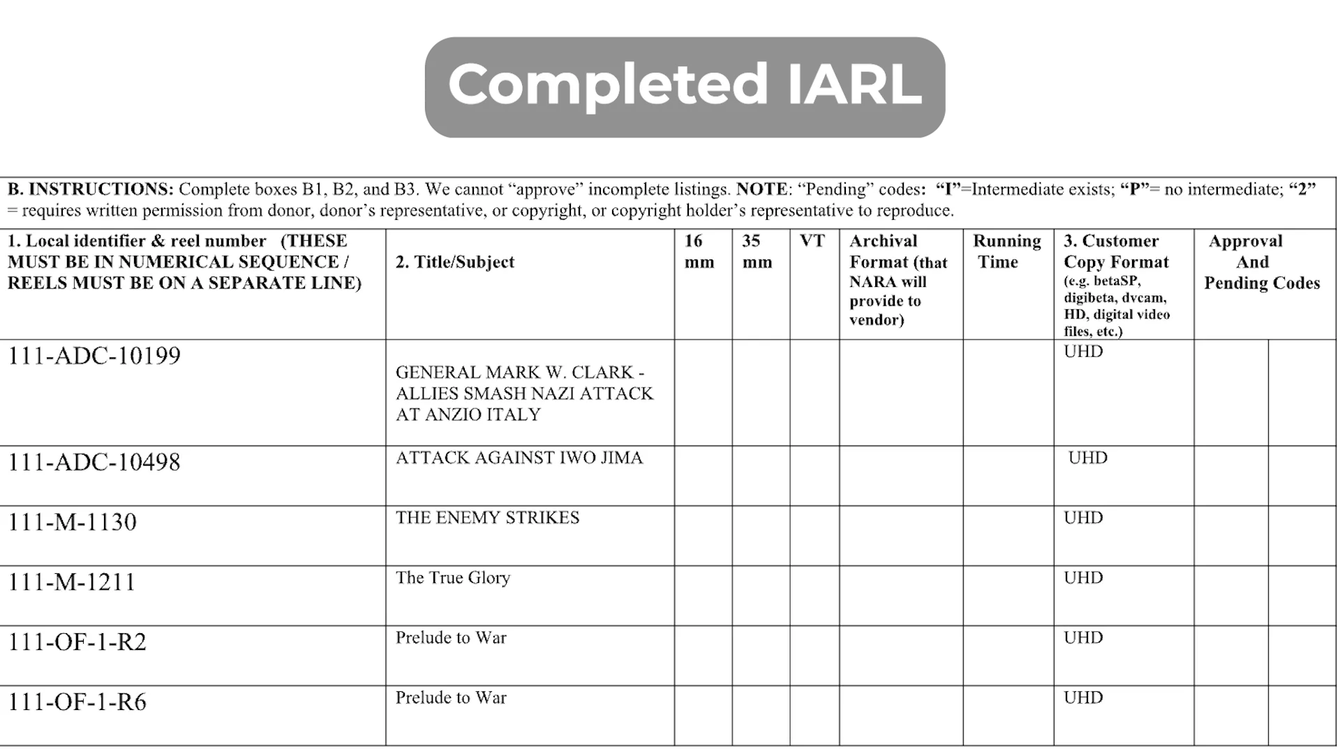 Sample of a filled IARL form