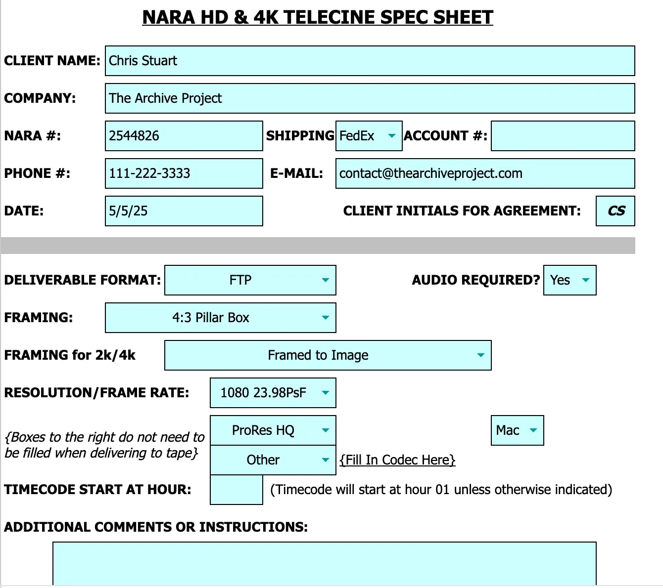 Sample tech spec sheet for ProRes delivery